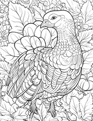 Fototapeta na wymiar Black and white coloring book large turkey in leaves. Turkey as the main dish of thanksgiving for the harvest.