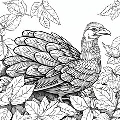 Fototapeta na wymiar Coloring book. Black and white turkey surrounded by leaves. Turkey as the main dish of thanksgiving for the harvest.