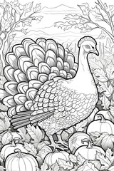Black and White coloring book turkey on southern tree leaves autumn. Turkey as the main dish of thanksgiving for the harvest, picture on a white isolated background.