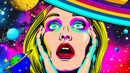 Wow pop art woman face. Planets in space colorful background. Fantasy pop art