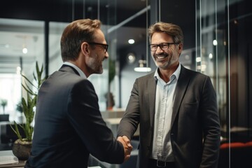 Smiling middle aged business man handshaking partner making partnership collaboration agreement at office meeting, hr manager, new worker shake hands recruiting at job interview. Welcome onboarding
 - obrazy, fototapety, plakaty