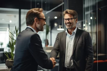 Türaufkleber Alte Türen Smiling middle aged business man handshaking partner making partnership collaboration agreement at office meeting, hr manager, new worker shake hands recruiting at job interview. Welcome onboarding 