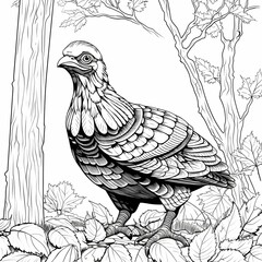 Small turkey standing on the leaves around the tree black and white coloring book. Turkey as the main dish of thanksgiving for the harvest.