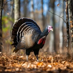 Big turkey in the woods. Turkey as the main dish of thanksgiving for the harvest.
