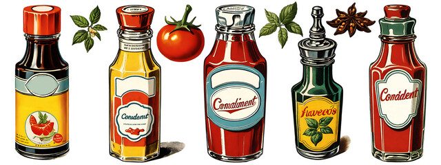 Collection of vintage illustrations with effects Halftone cartoon style in 1950's, Illustration of condiments, Transparent background PNG.