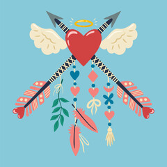 A flying heart with angel wings, a halo and arrows. Illustration for Valentine's day. Cute romantic illustration. Cartoon style. Design element for a greeting card, invitation, print and sticker.	