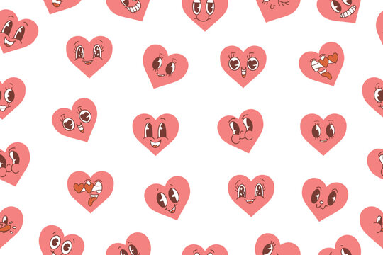 Vector pattern with cute cartoon pink hearts.Seamless pattern for Valentine's Day. Trendy retro cartoon heart characters seamless pattern. Groovy style, vintage, 70s 60s aesthetics. Vector 
