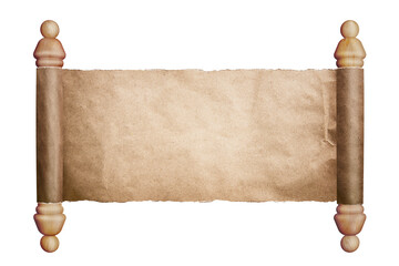 Vintage blank papyrus paper roll 3d rendering illustration isolated on white background with copy space.