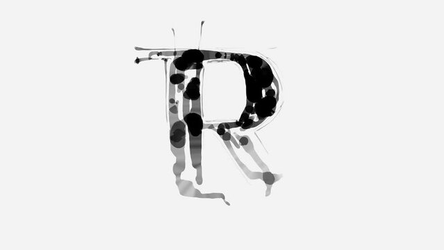 Letter R. Handwritten black and white time lapse drawing - animation of writing an alphabet symbol with a brush in black on a white background