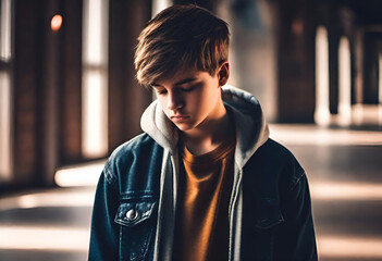 Fototapeta premium sad teenager boy on minimal background psychological therapy 