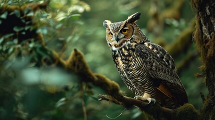 A majestic horned owl perched against a deep forest green background, camouflaged in nature.