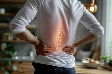 A man is shown holding his back in pain. This image can be used to illustrate concepts related to back pain, injury, healthcare, or physical discomfort - obrazy, fototapety, plakaty