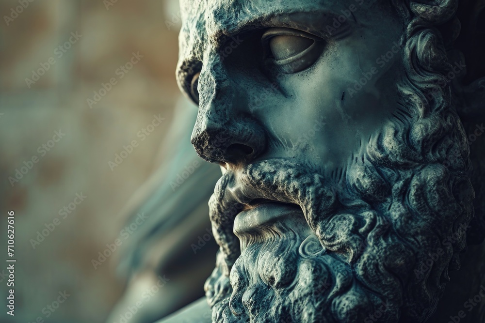 Poster A close-up view of a statue depicting a man with a beard. This image can be used to add a touch of elegance and sophistication to various projects