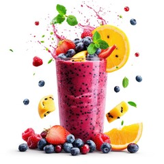 Healthy lifestyle. Smoothie with fruit flying ingredients, white background