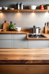 Frontal view of a wood table top on blur kitchen counter background - Product presentation