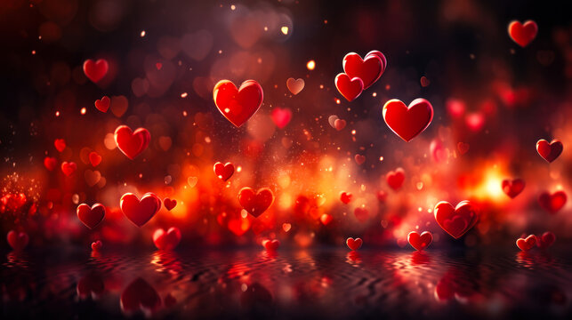 Glowing hearts floating in a dreamy red backdrop, evoking feelings of love, romance, Valentine's Day celebration, and the warmth of emotional connection