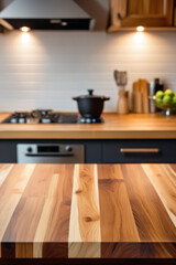 Frontal view of a wood table top on blur kitchen counter background - Product presentation
