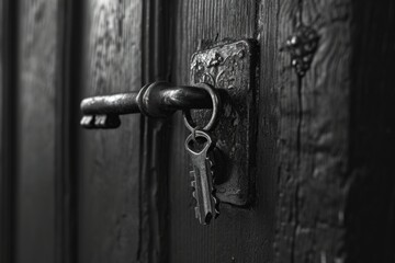 A detailed close-up of a key on a door handle. This image can be used to represent security, access, or home ownership.