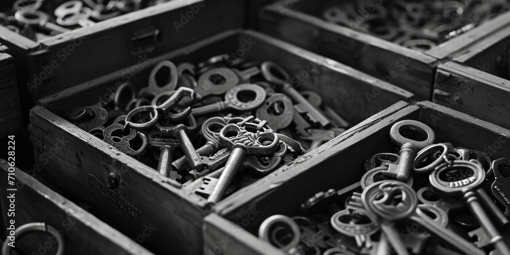 Poster a wooden box filled with a variety of keys. this image can be used to represent concepts such as sec