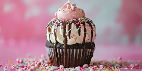 Soft chocolate cupcake with double cream and chocolate frosting, dessert, party, card, wallpaper, background. - obrazy, fototapety, plakaty