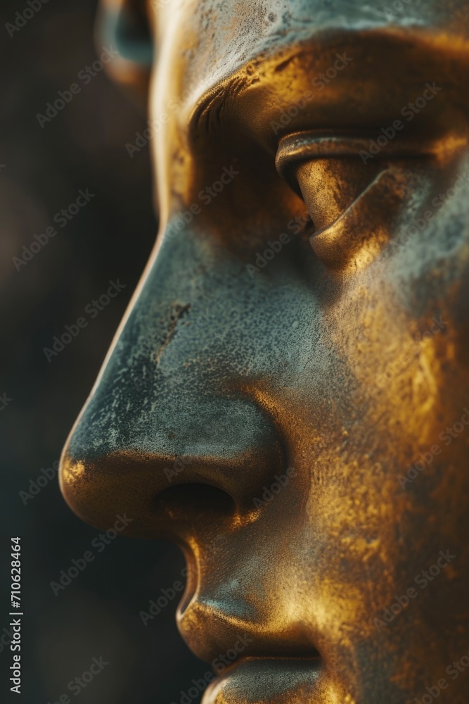 Poster a detailed close-up of a statue depicting the face of a man. suitable for various artistic and histo