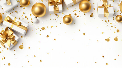 Celebrating the Festive Season: Golden Gifts, Glittering Confetti Stars, and Christmas Magic on a White Background with Copy-space for Promotional Joy!