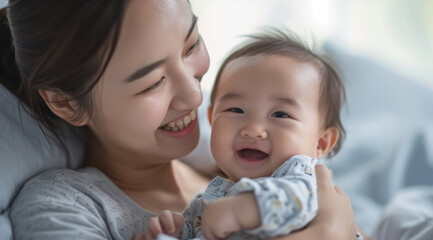 Asian mother holding an infant toddler, a concept of a happy successful middle-class Asian family