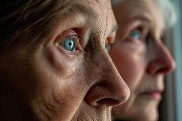 Two older women looking out of a window. Suitable for various concepts and themes related to aging, friendship, and contemplation.