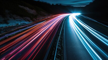 A captivating long exposure photograph of a highway at night, capturing the mesmerizing streaks of light from passing vehicles.