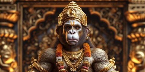 Fototapeta premium A picture of a statue featuring a monkey wearing a regal golden crown. Perfect for adding a touch of whimsy and royalty to any project