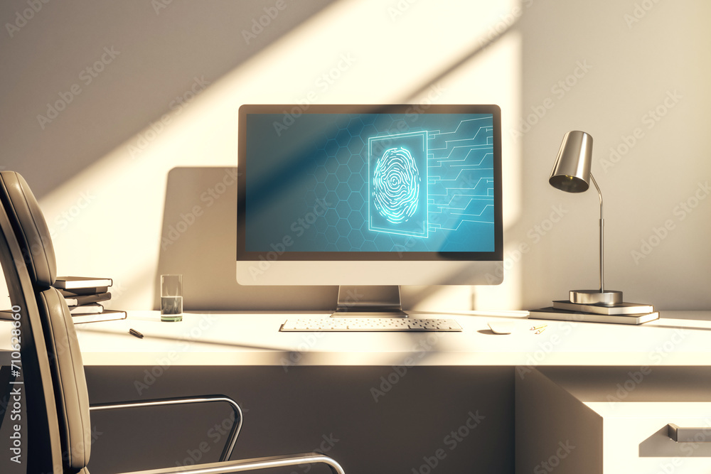 Poster Abstract creative fingerprint hologram on modern computer monitor, protection of personal information concept. 3D Rendering