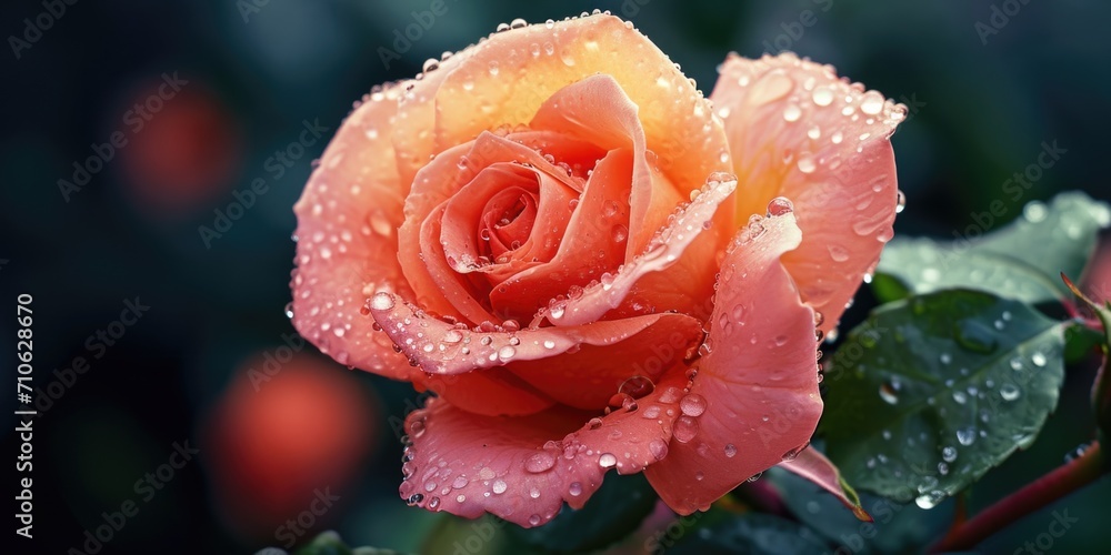 Poster a detailed view of a flower with glistening water droplets. perfect for adding a touch of freshness 