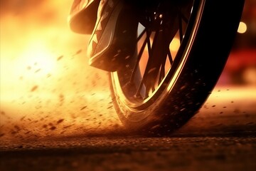 This stunning image captures the raw power and speed of a motorcycle in motion. The close-up shot focuses on the spinning wheel kicking up dust and gravel, with an intense sunset in the background - obrazy, fototapety, plakaty