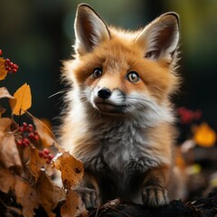 Naklejka na ściany i meble Photo of a curious baby fox in the forest. Generative AI