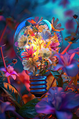 Lightbulb with flowers pattern in a colorful artistic style