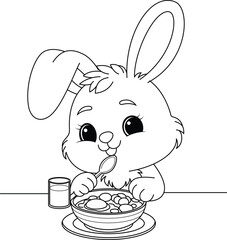 Bunny eating coloring page, black and white vector cartoon illustration for a coloring book
