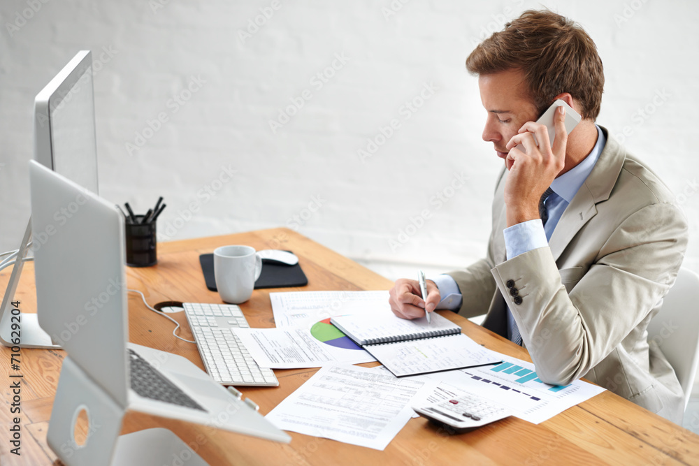 Poster accountant, phone call and statistics, documents or writing notes for financial advice and planning.