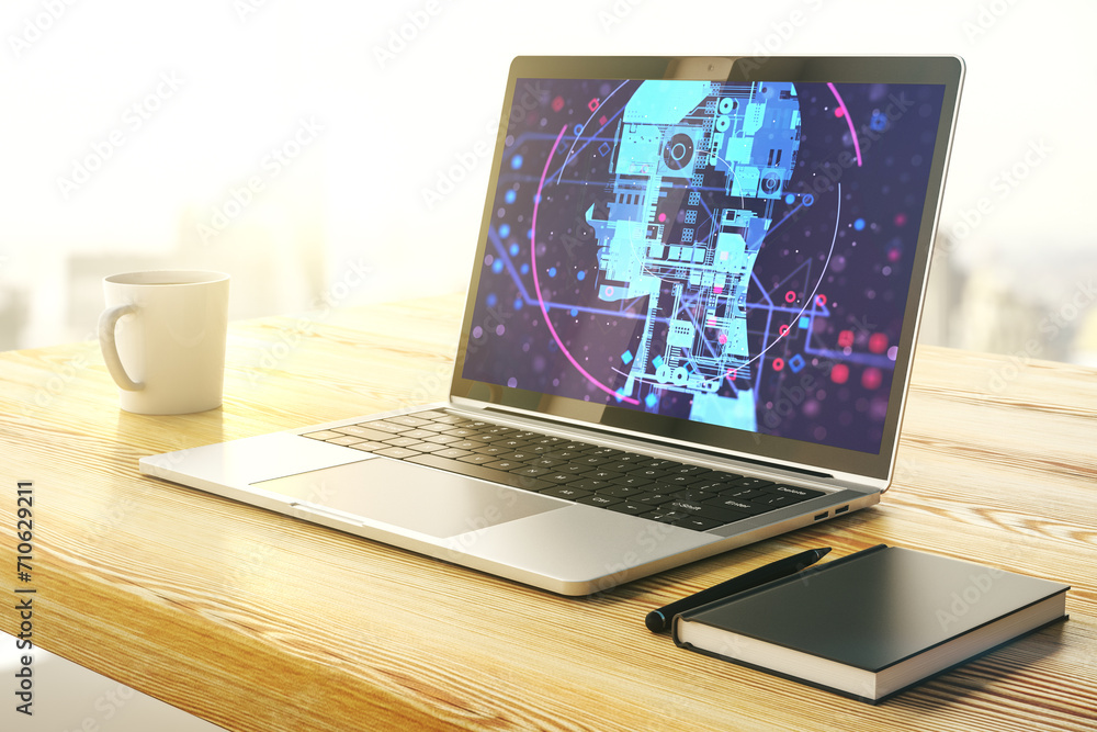 Poster modern computer screen with creative human head microcircuit. future technology and ai concept. 3d r