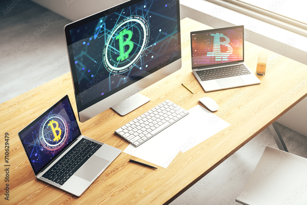 Poster creative bitcoin concept on modern laptop screen. 3d rendering