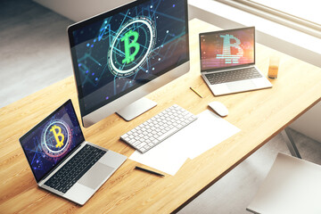 Creative Bitcoin concept on modern laptop screen. 3D Rendering