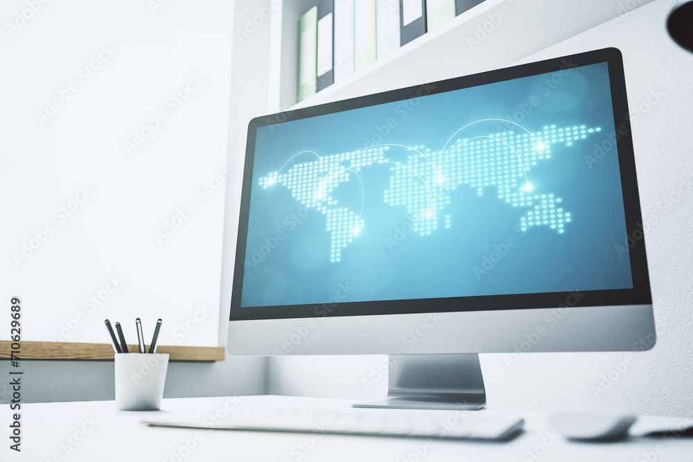 Poster abstract creative world map with connections on modern laptop screen, international trading concept.