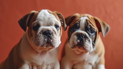 A pair of adorable Bulldog puppies with wrinkled faces against a warm coral background, capturing their adorable charm.
