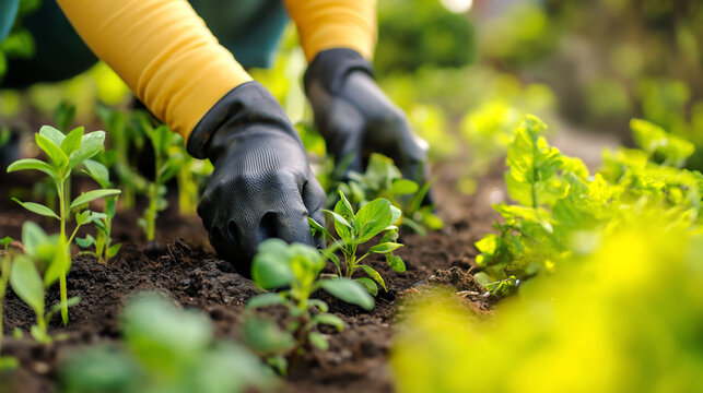 hands with gloves planting seedlings in soil gardening