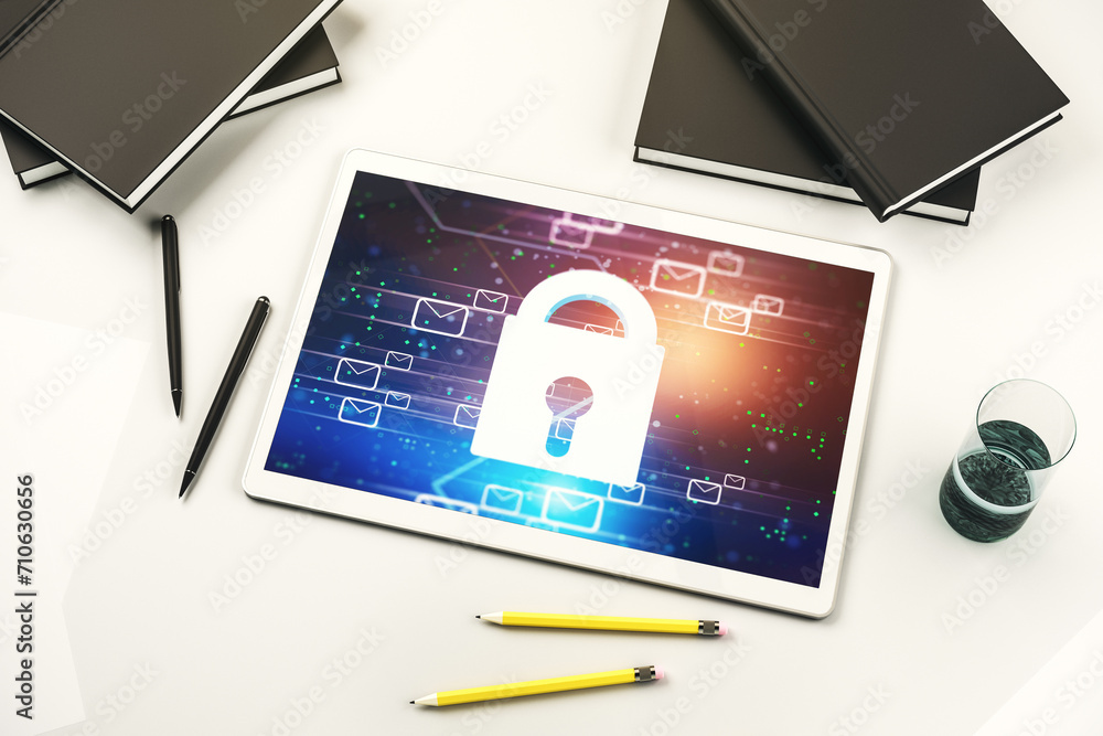 Poster Creative light lock illustration with postal envelopes on modern digital tablet display, cyber security and email protection concept. Top view. 3D Rendering