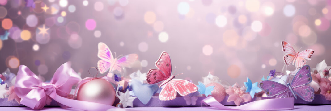 happy birthday banner background with butterflies and balloons on pink background. For a girl's birthday. The image is on the right with space for text on the left.