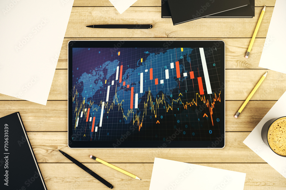 Poster Abstract creative financial graph with world map on modern digital tablet screen, forex and investment concept. Top view. 3D Rendering