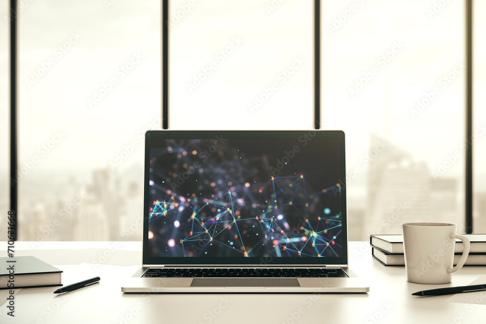 Poster Creative concept of wireless technology on modern laptop screen. Big data and database concept. 3D Rendering