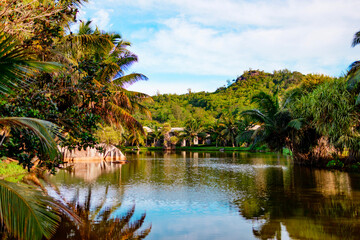 epic view picturesque bright nature in Seychelles La Digue, lake and granite stones