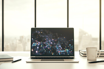 Creative concept of wireless technology on modern laptop screen. Big data and database concept. 3D Rendering