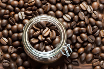 Coffee beans in jar. Top view